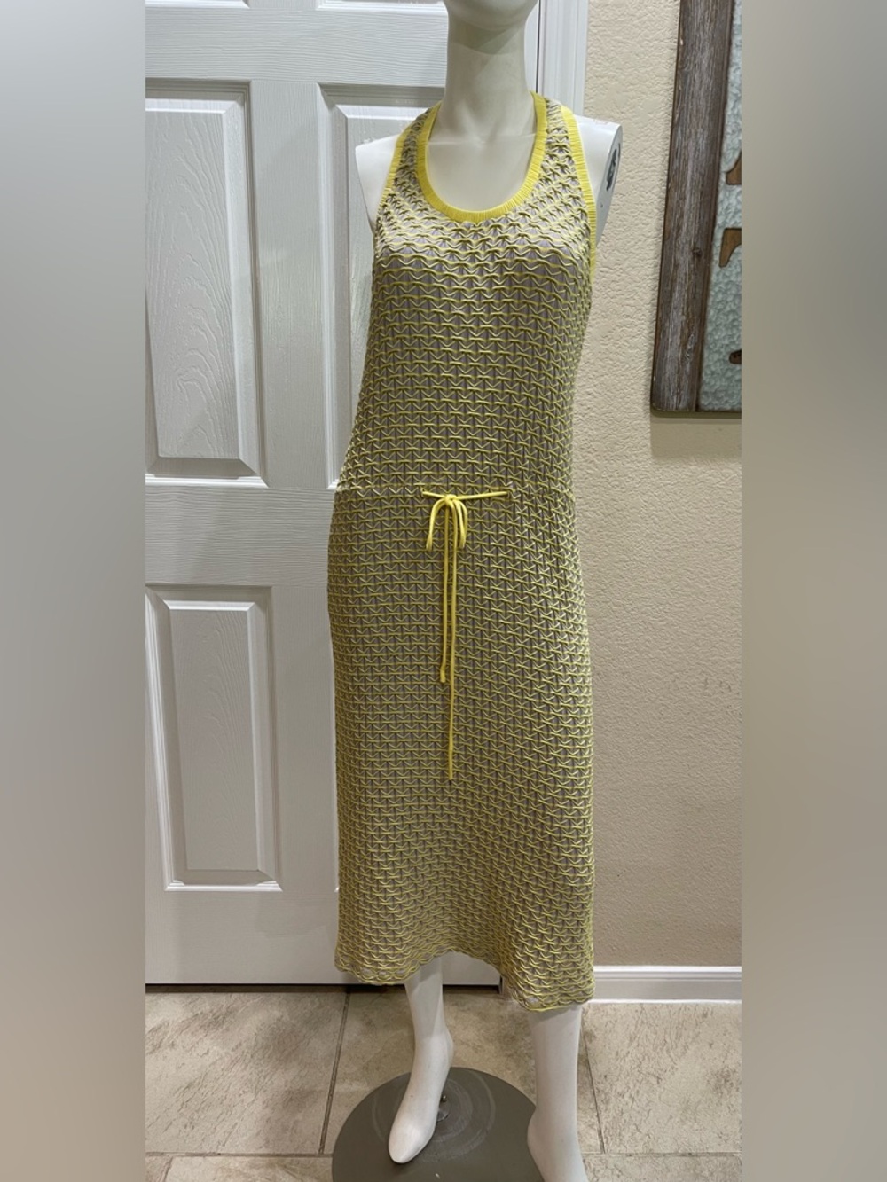 Capote Sleeveless Open-Knit Racerback Midi Gray/Yellow Drawstring Dress Size Lar - Picture 3 of 9